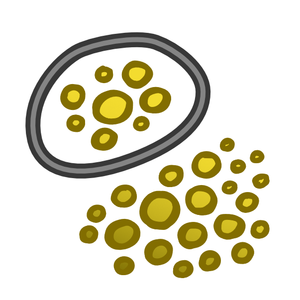 a black line with a grey interior encircles a collection of yellow circles, outside of this area there are even more of the circles. They are various shades and sizes,  each with a thick dark yellow outline. 